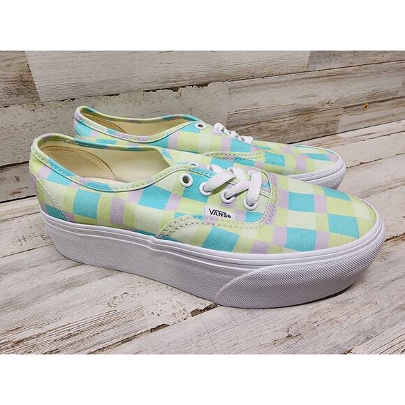 VANS Stackform Pastel Picnic Platform Shoes Womens Size 7.5 Green Aqua - Picture 1 of 6